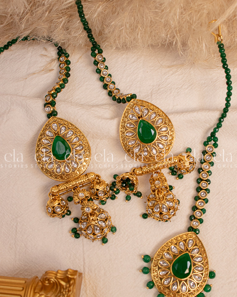 Green Jhumki Tikka Set-Front