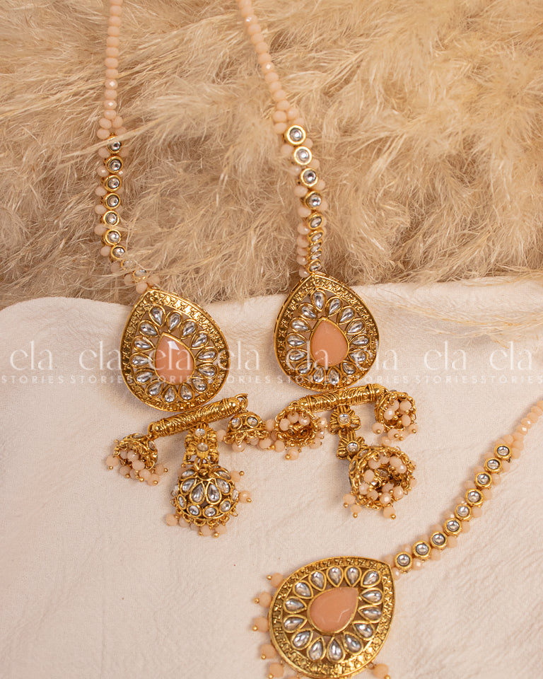 Peach Jhumki Tikka Set-Front