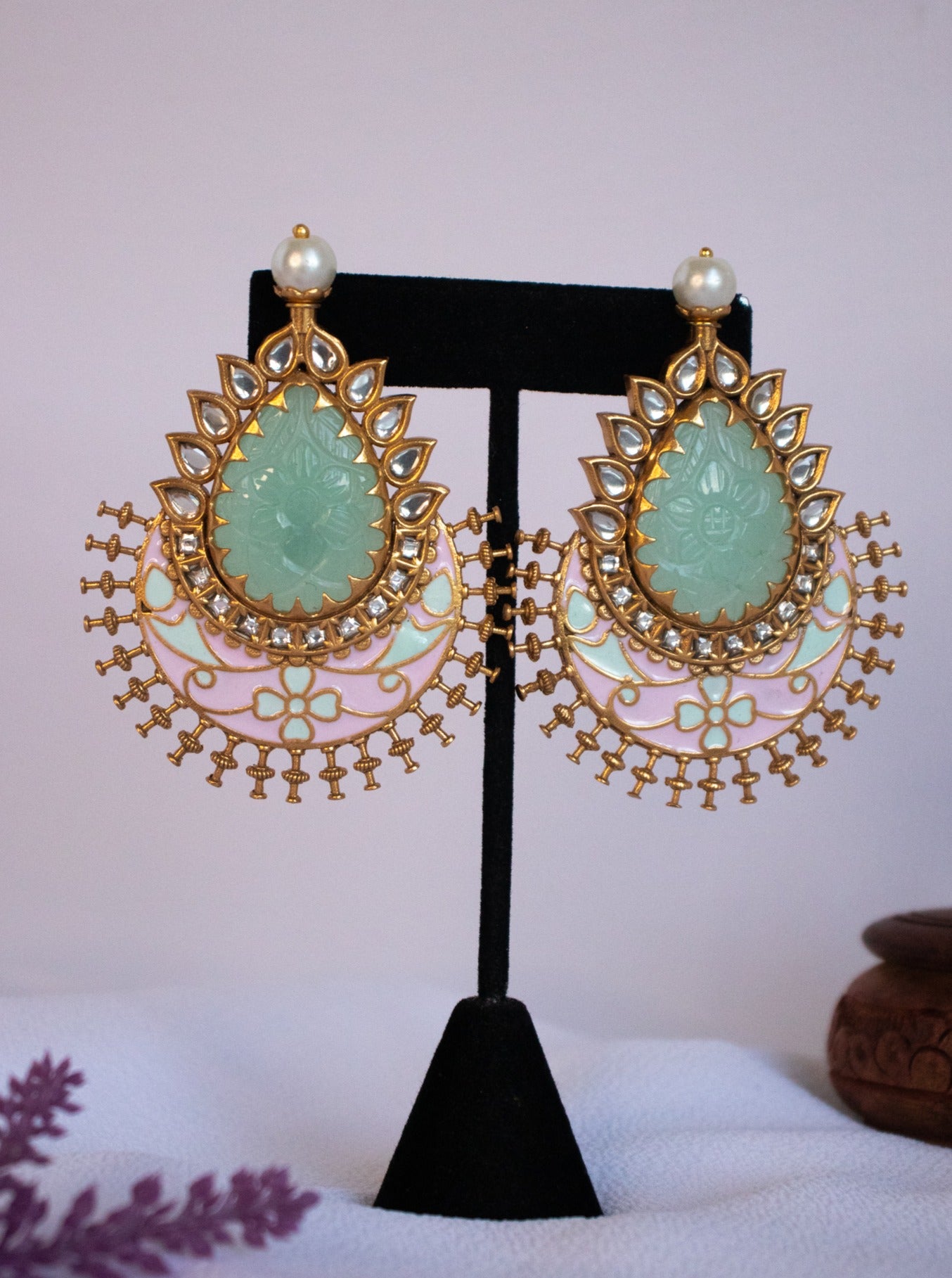 Pink and Mint Gold Tone Earrings