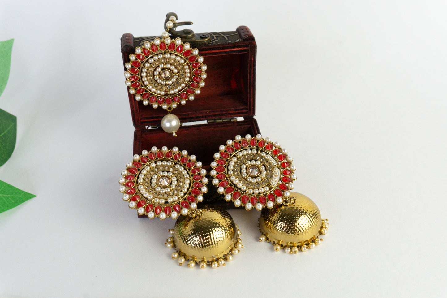 Lightweight Jhumkas with Tikka - Red
