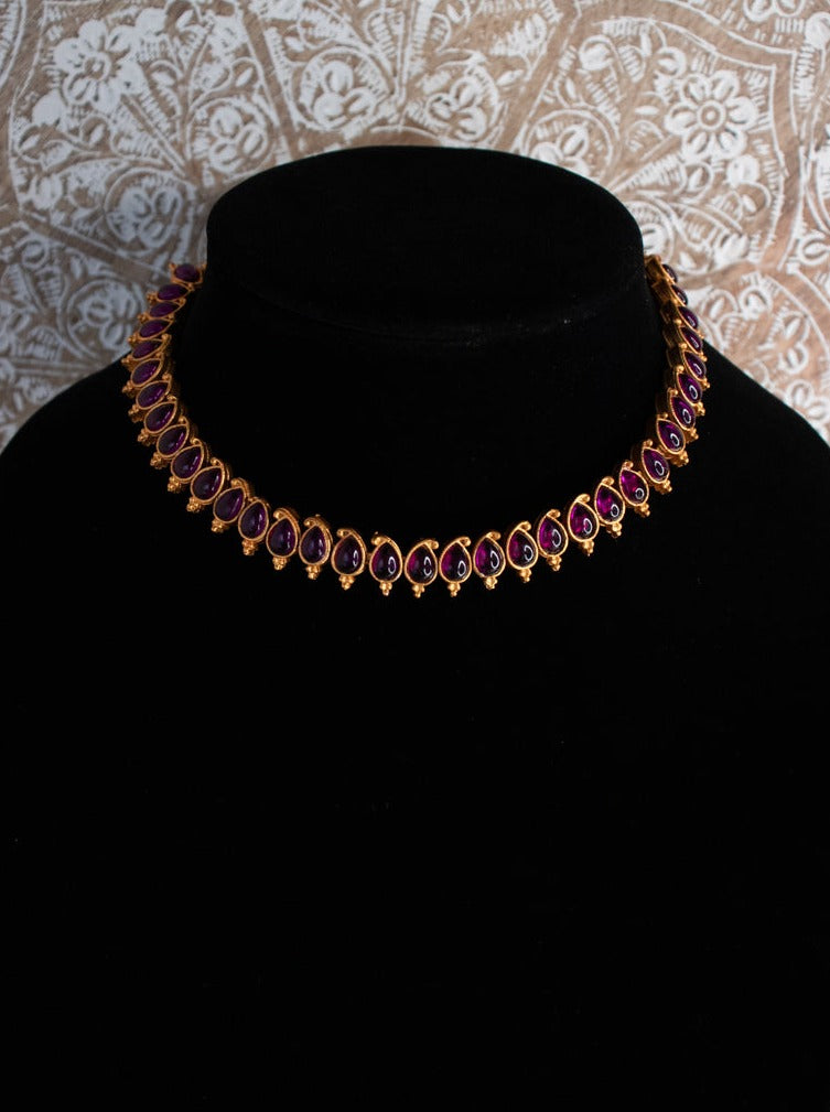Double-Sided Necklace With 2 Pairs of Jhumkas - Purple & Ruby