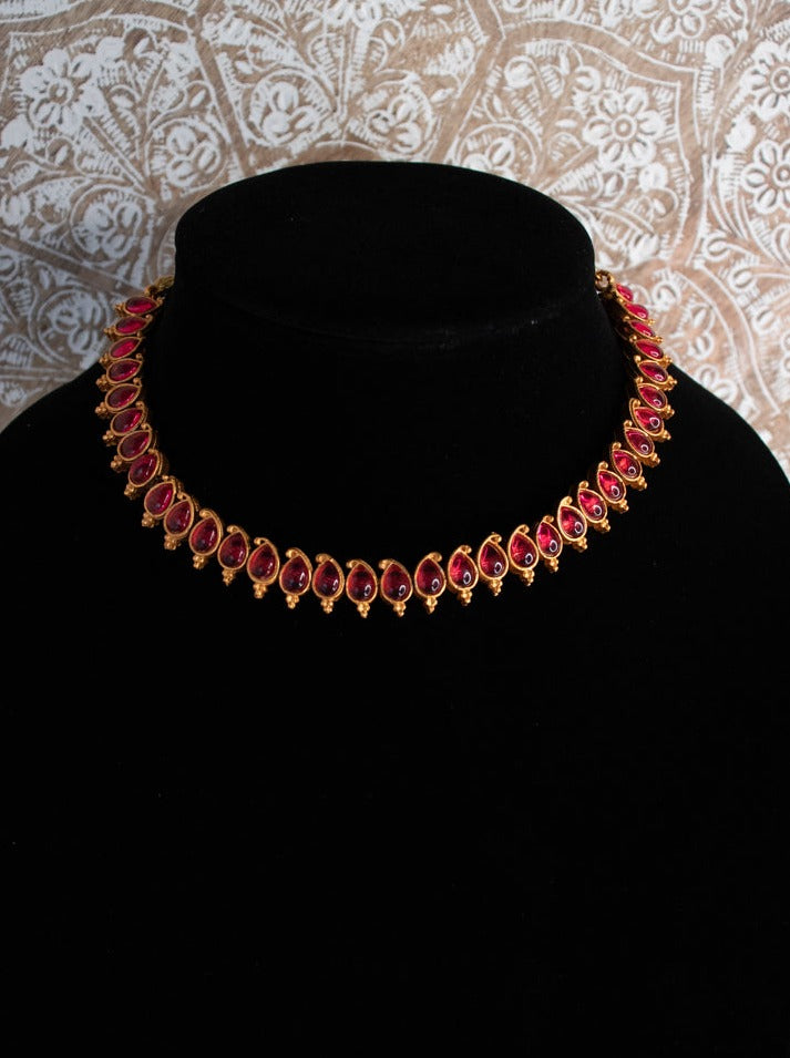 Double-Sided Necklace With 2 Pairs of Jhumkas - Purple & Ruby
