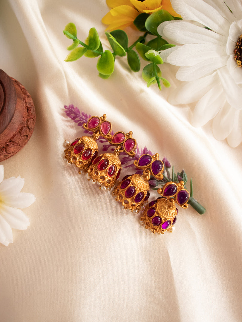 Double-Sided Necklace With 2 Pairs of Jhumkas - Purple & Ruby