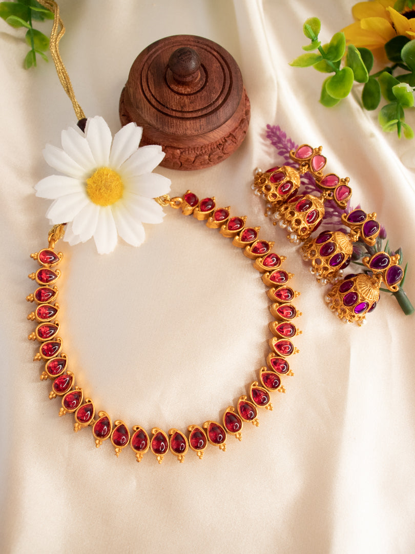 Double-Sided Necklace With 2 Pairs of Jhumkas - Purple & Ruby