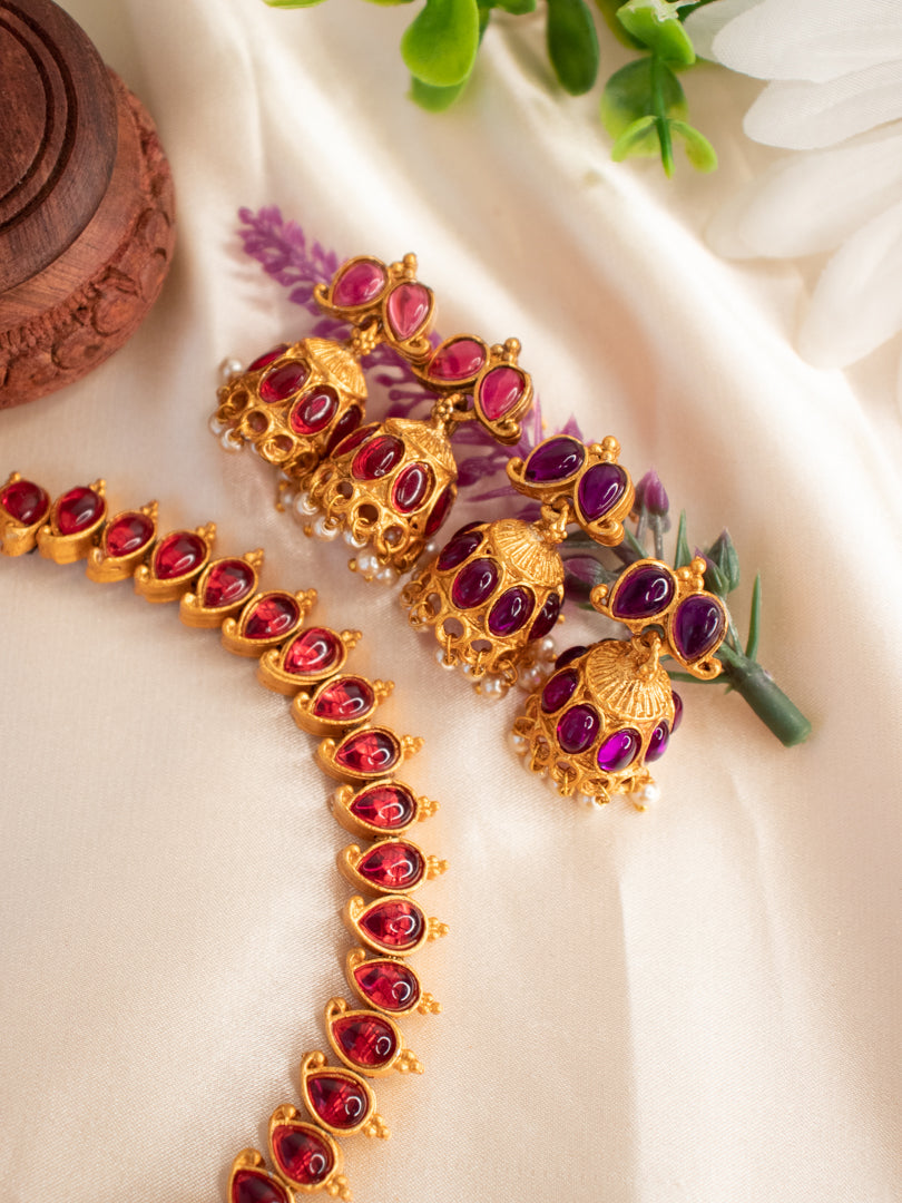 Double-Sided Necklace With 2 Pairs of Jhumkas - Purple & Ruby