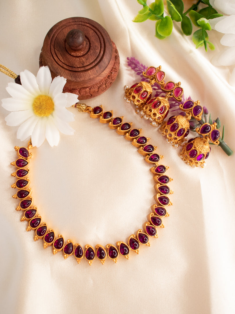 Double-Sided Necklace With 2 Pairs of Jhumkas - Purple & Ruby
