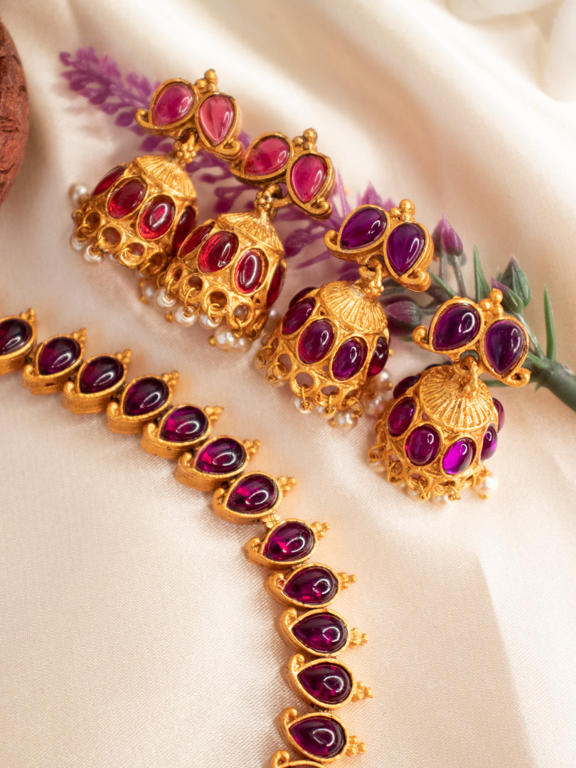 Double-Sided Necklace With 2 Pairs of Jhumkas - Purple & Ruby