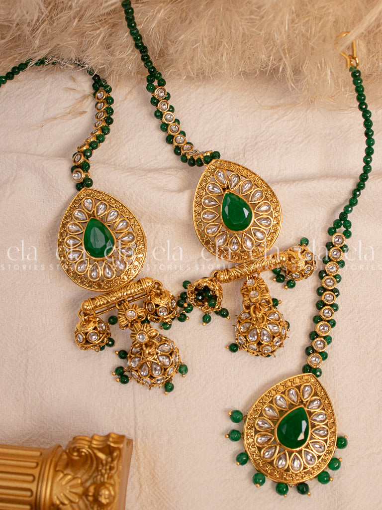 Green Jhumki Tikka Set-Front