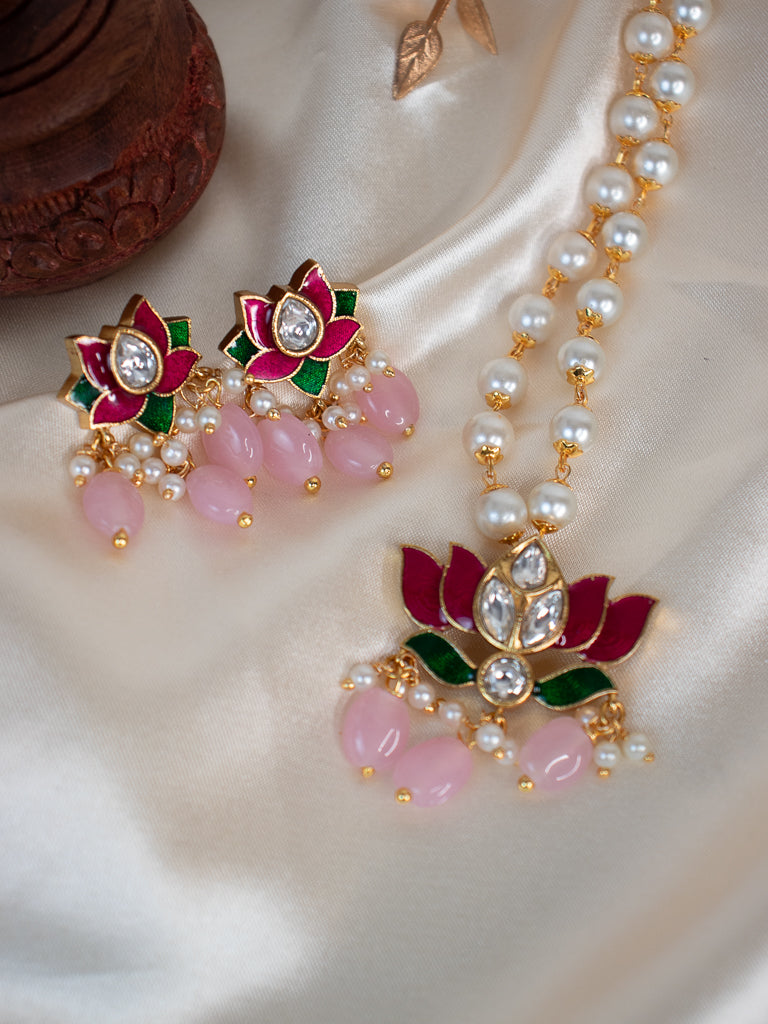 Enamel Lotus Pearl Set - Pink
