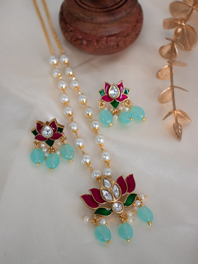Enamel Lotus Pearl Set - Turquoise