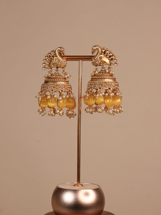 Peacock Jhumka - Yellow