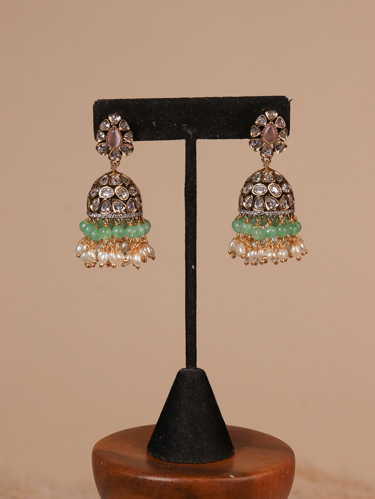 Polki Stone Jhumki - Pastel Green/Pink