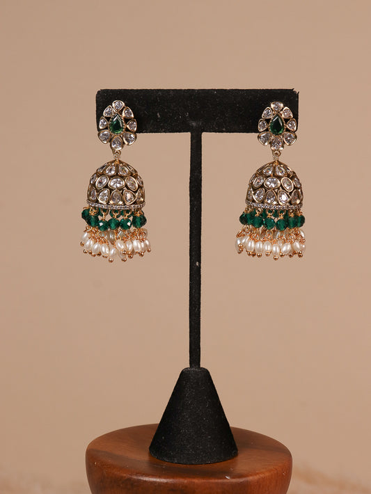 Polki Stone Jhumki - Green