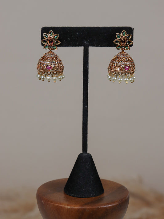 Flower Stone Jhumki - Green