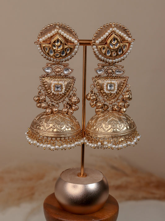 Fusion German Silver Jhumki With Kundan Stones - Gold Tone