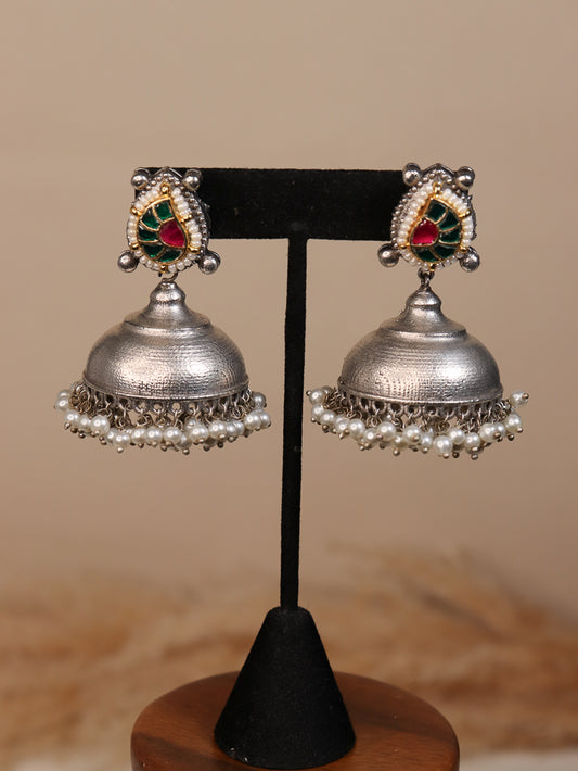 German Silver Jhumki With Kundan Stones - Green/Ruby