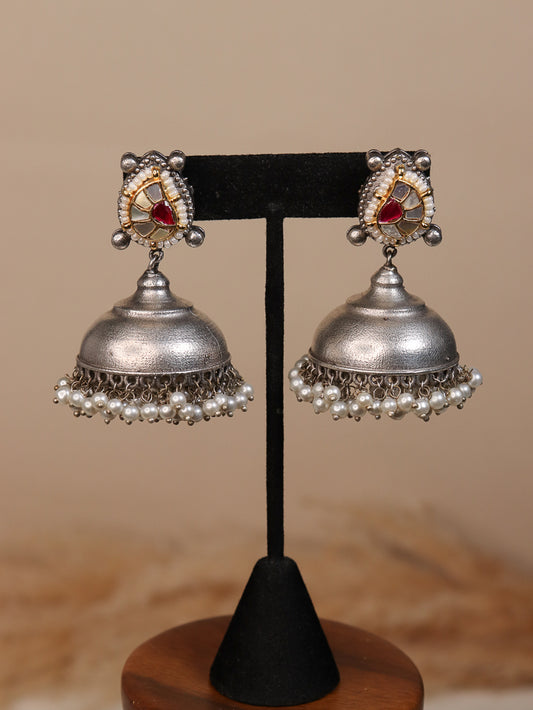 German Silver Jhumki With Kundan Stones - Ruby/White