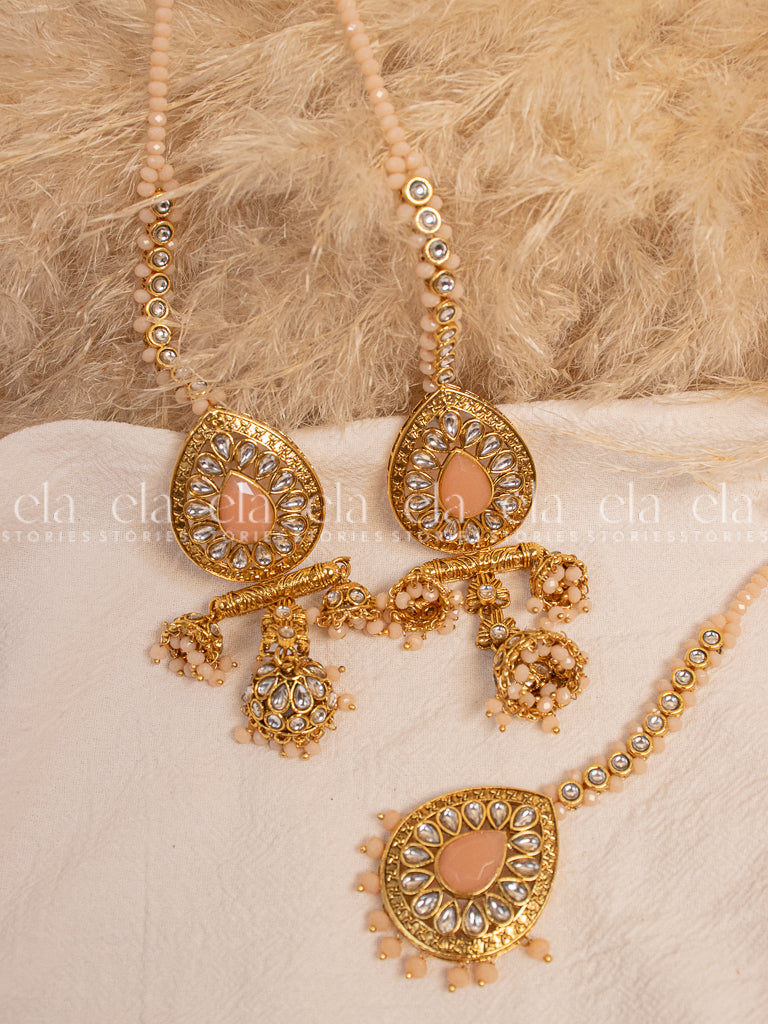 Peach Jhumki Tikka Set-Front