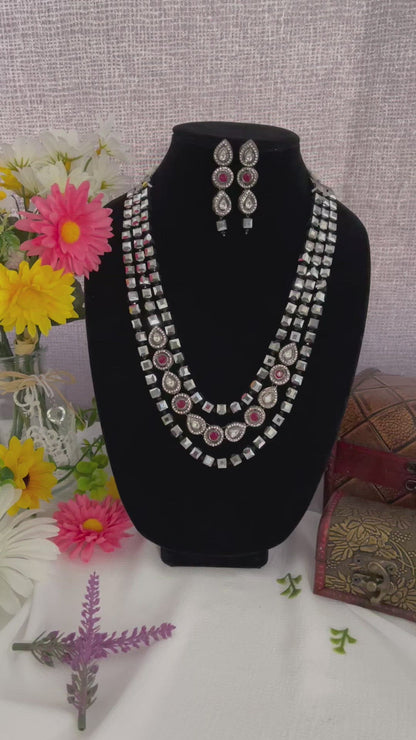 Long 3 Layered Necklace Set With Earrings