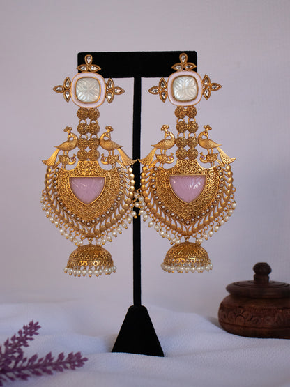 Peacock Earrings With Jhumki - White & Pink