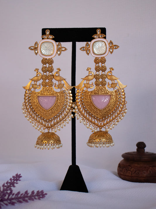 Peacock Earrings With Jhumki - White & Pink