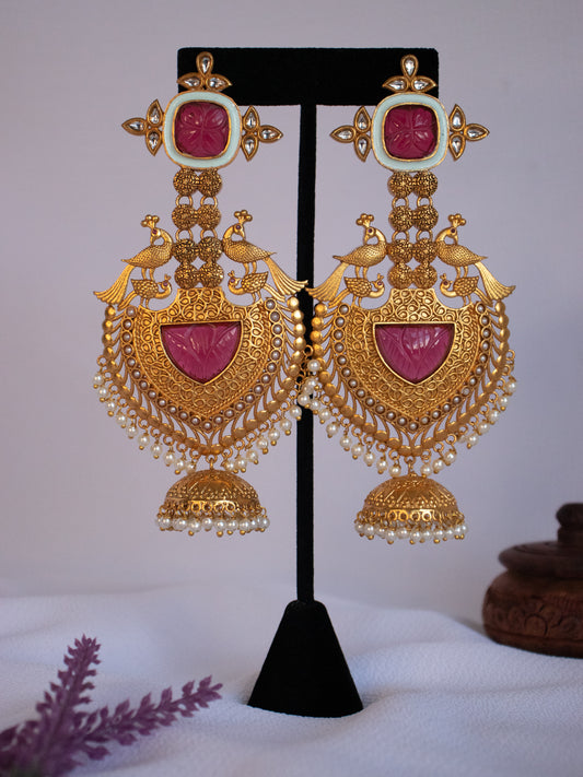 Peacock Earrings With Jhumki - Ruby
