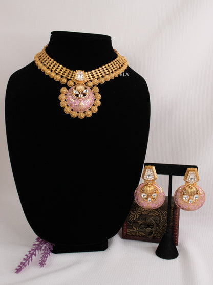 Pendant Antique Necklace Set - Pink
