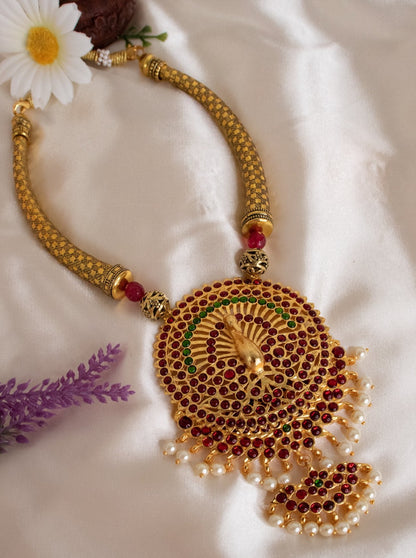 Peacock Pendant Adigai Neckpiece - Ruby & Green (PREORDER)