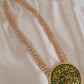 Round Pendant Neckpiece With Long Pearl Chain - Green