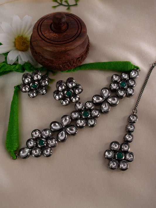 Kundan White Stones Black Rodium Choker Style Necklace Set