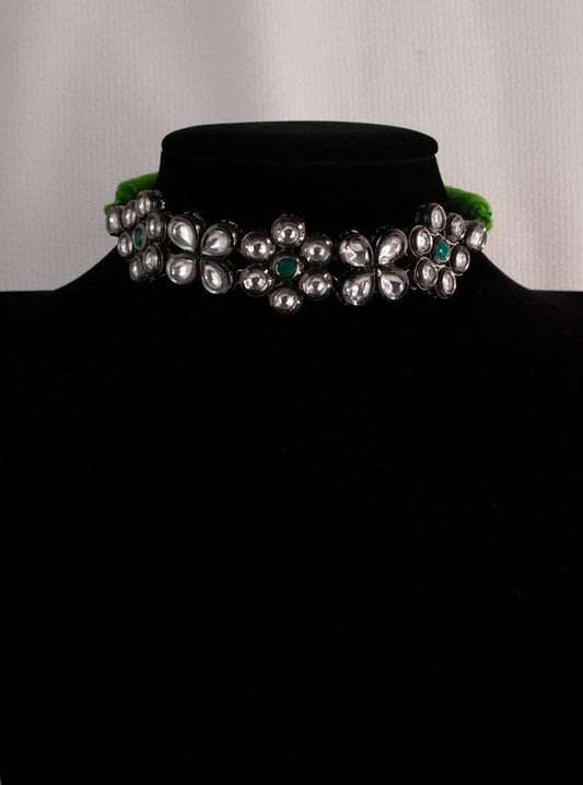 Kundan White Stones Black Rodium Choker Style Necklace Set