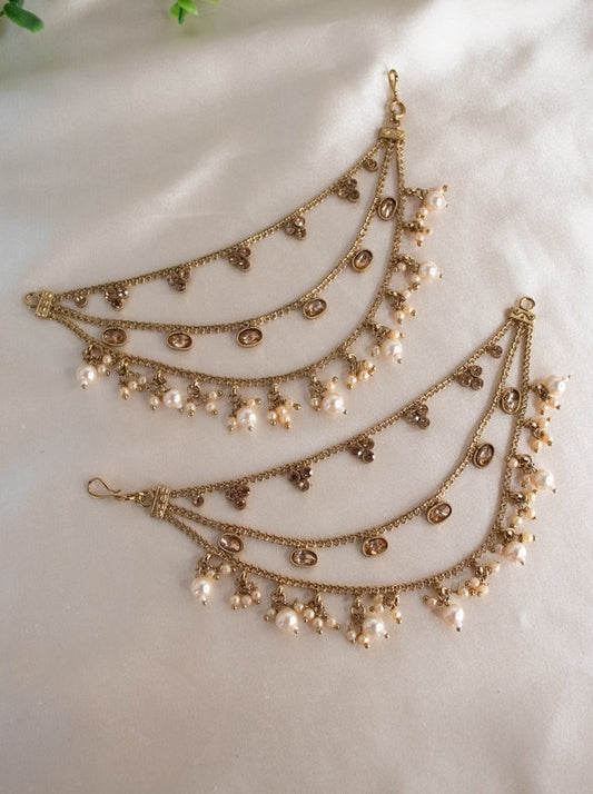 Polki 3 layered Ear chain with pearls