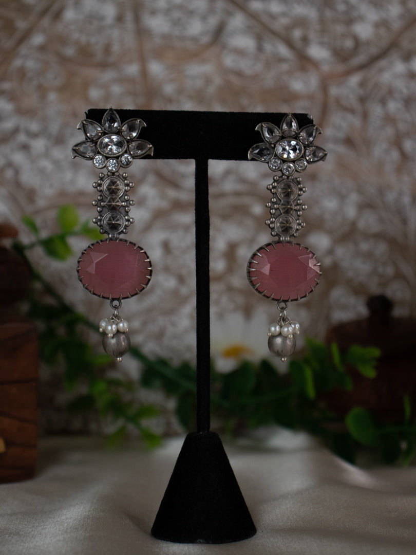 Stone Studded Oxidized Earrings - Pink