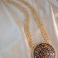 Round Pendant Neckpiece With Long Pearl Chain - Blue