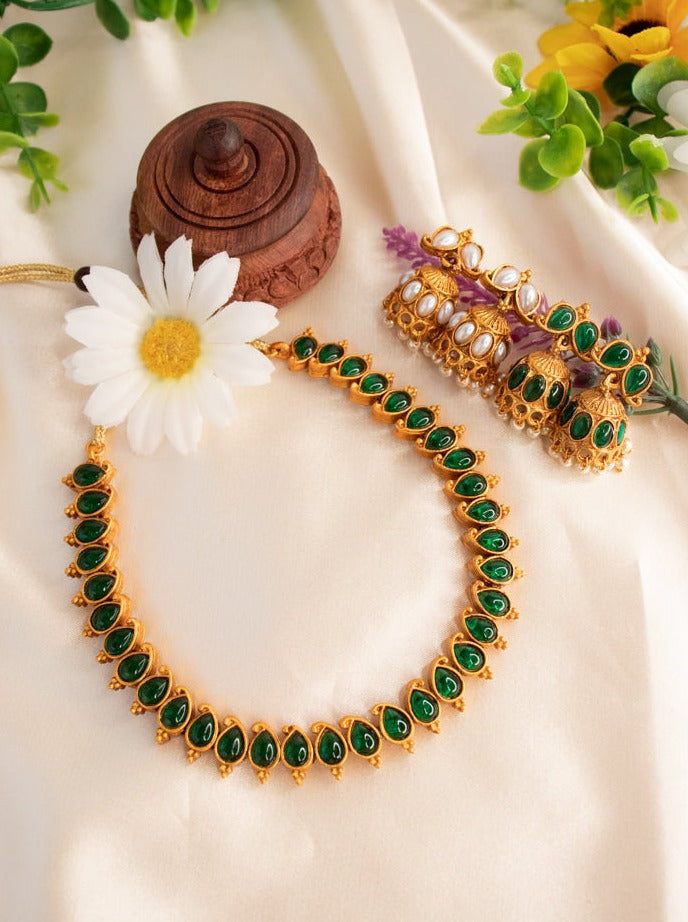 Double-Sided Necklace With 2 Pairs of Jhumkas - White & Green 