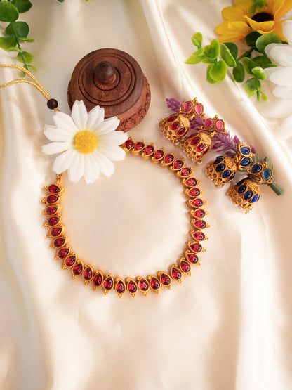 Double-Sided Necklace with 2 Pairs of Jhumkas - Blue & Ruby
