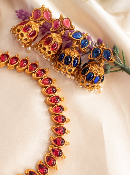 Double-Sided Necklace with 2 Pairs of Jhumkas - Blue & Ruby