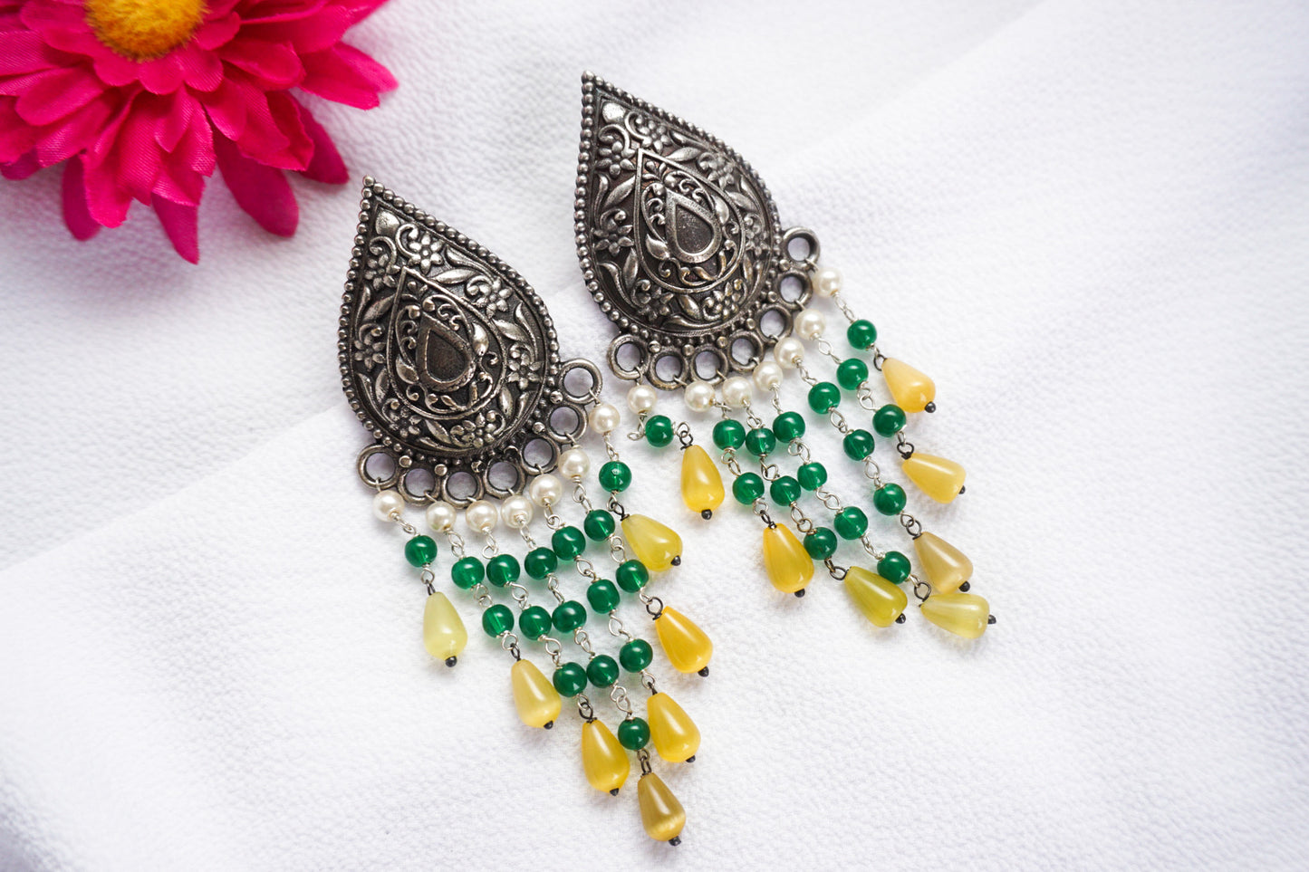 Tribal Statement Earrings - Green/Yellow