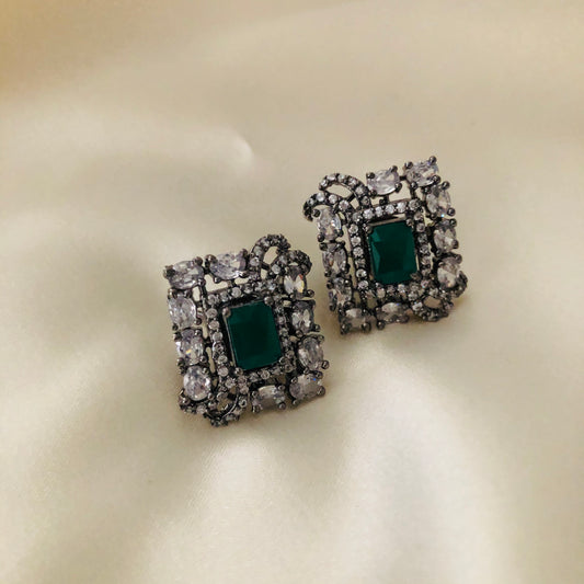 American Diamond Earrings-Green Stone