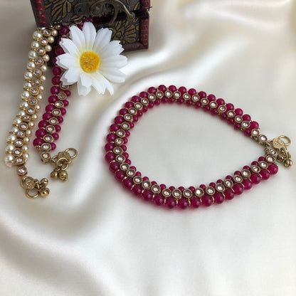 Polki & Beads Anklets - Ruby & Pearl