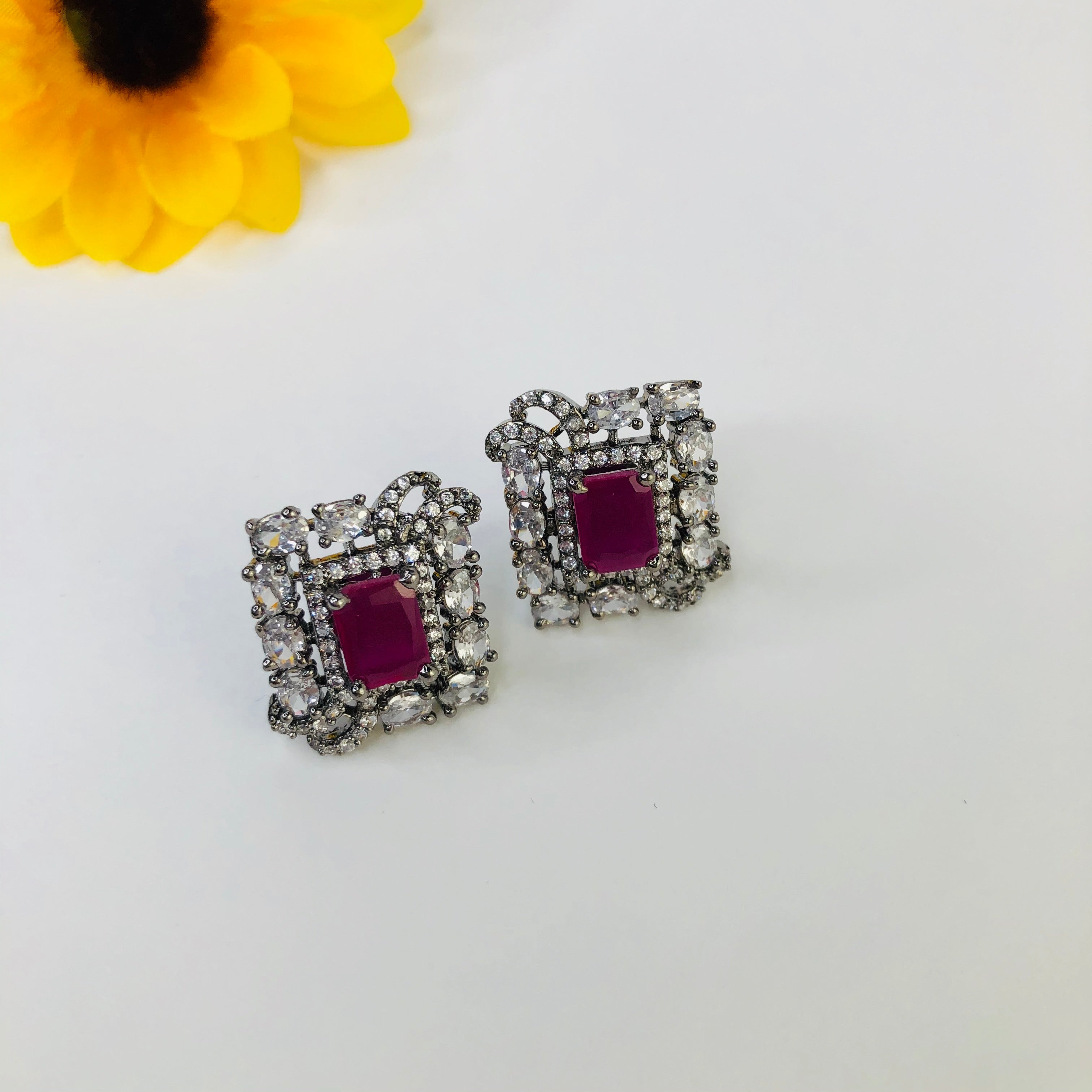 American Diamond Earrings-red Stone