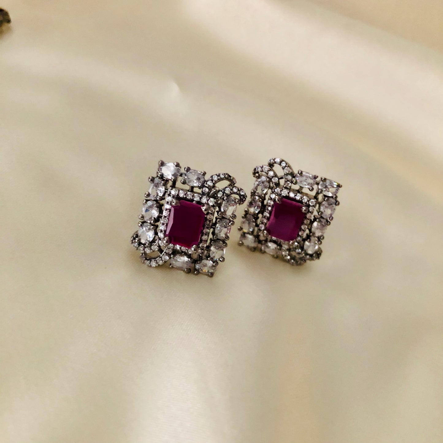 American Diamond Earrings-Ruby Stone