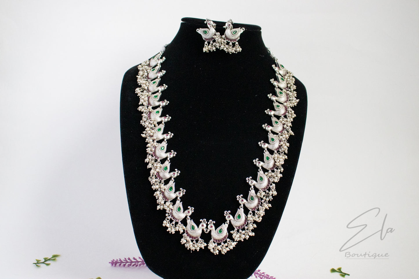 Peacock Long Kemp Necklace Set With Black Rhodium Plating