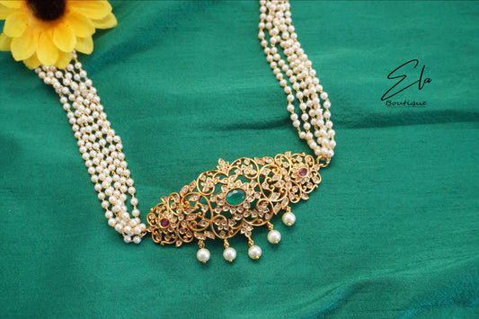Highneck Choker With Pearls - Ruby & Green