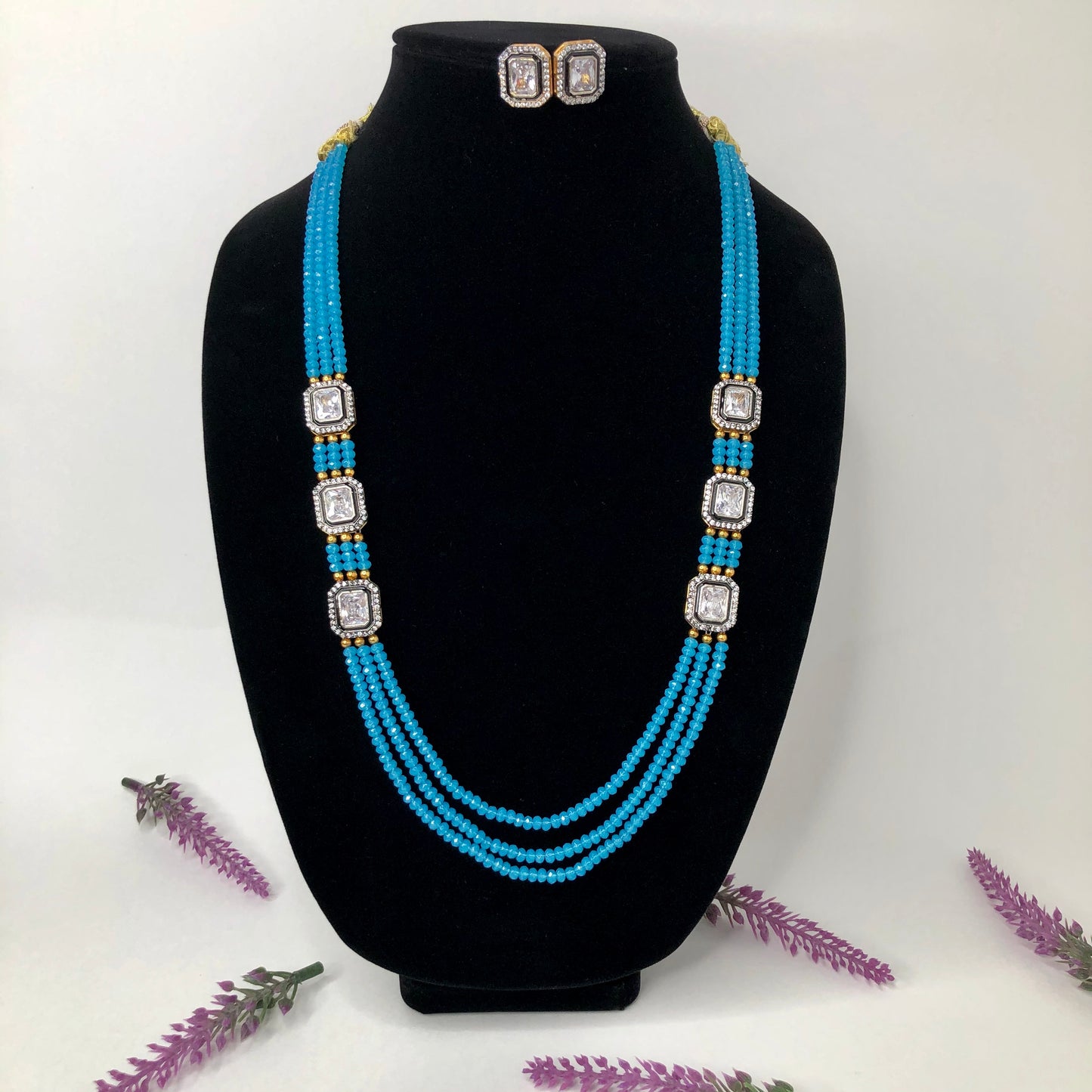 3 Layered Necklace set with earring- Blue