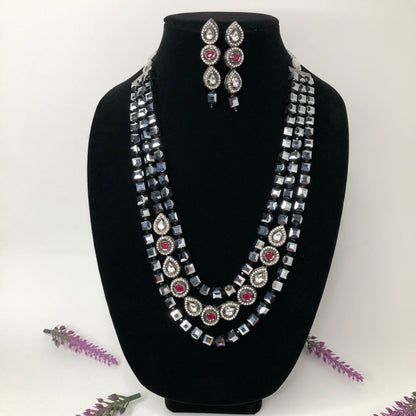 Long 3 Layered Necklace Set With Earrings